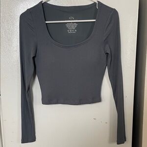 Klassy Network Large Blue Gray Ribbed Bamboo Blend Long Sleeve Crop Built In Bra